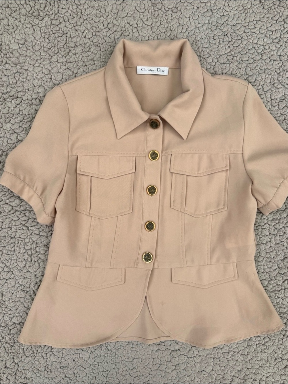 Vintage Christian Dior Safari jacket blouse crest buttons short sleeve size 6